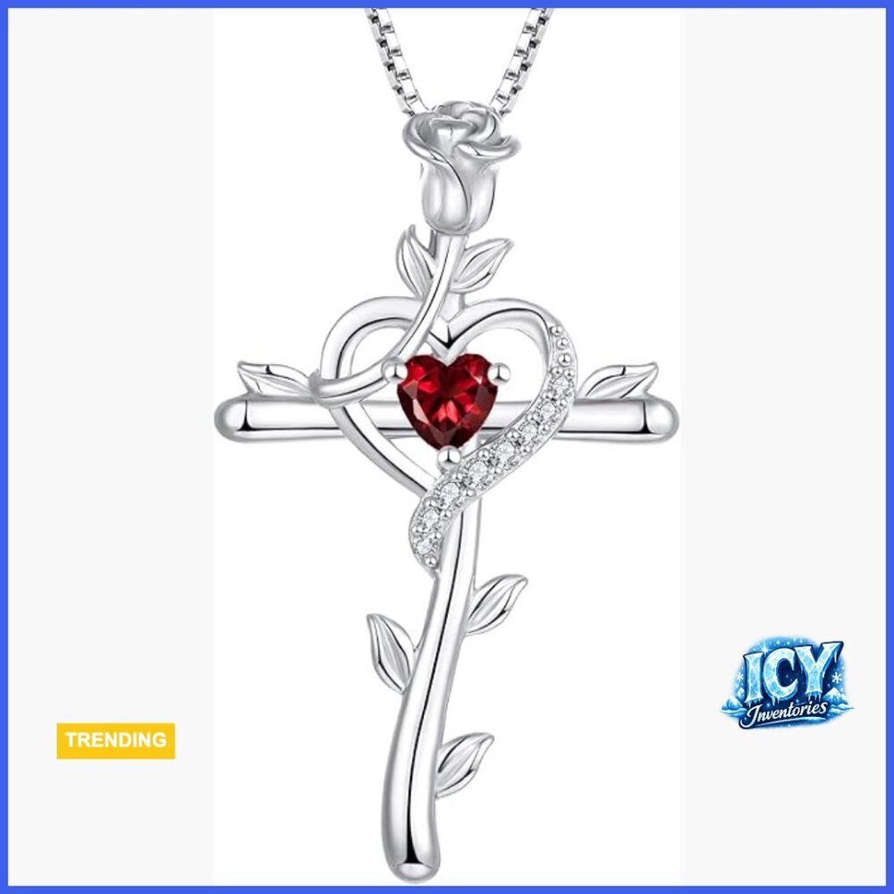 925 Sterling Silver Rose Cross Pendant Necklace with Heart Birthstone